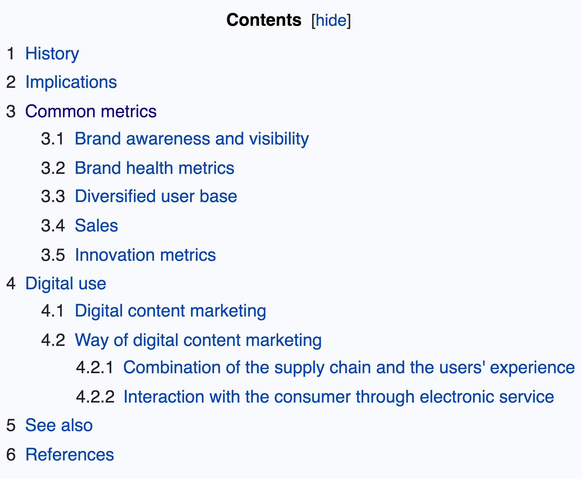 Table of Contents for Content Marketing's Wikipedia page